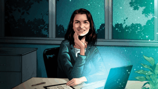 Illustration of a woman sitting in a dark room with with the glow from the laptop's screen