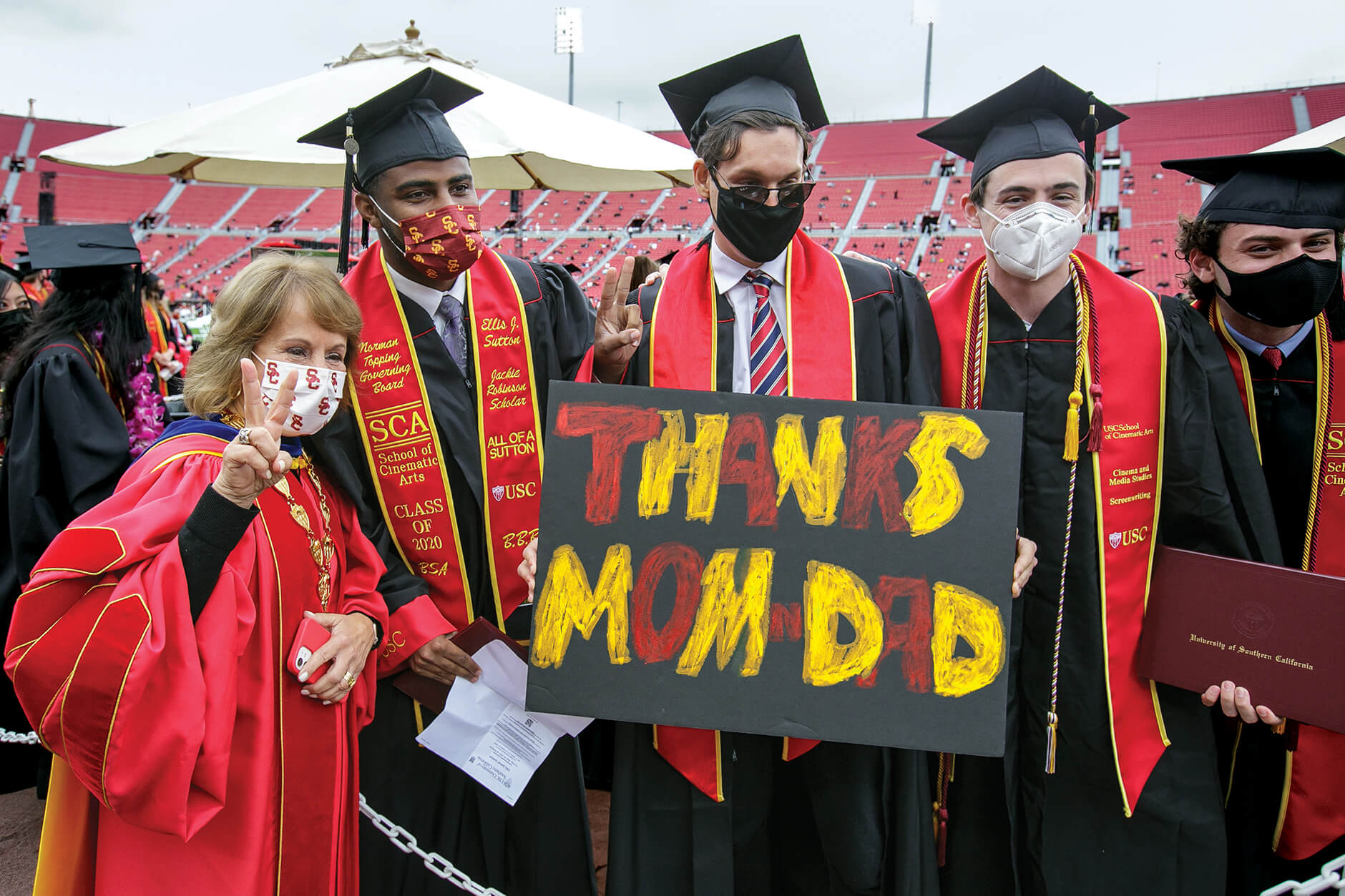 Folt insisted on finding a way tosafely offer USC’s graduating students the experience of an in-person commencement ceremony during the COVID-19 pandemic. (USC Photo/Steve Cohn)