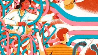 An illustration of a patient and doctor are navigating various pink and light blue stethoscopes to emerge with a trans flag.
