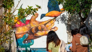 USC student Daniella Leon works on her mural at Peace Garden