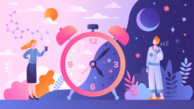 Illustration of a clock showing a person in the day and at night