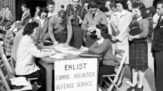 Grayscale image of USC students who volunteered to support the war effort 10 days after the attack on Pearl Harbor