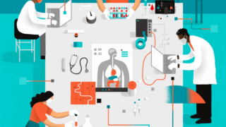 Illustration of medical professionals working together on a white desk with a blue floor background