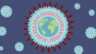 COVID illustration with a blue and green earth inside of a blue and red germ on a purple background with smaller blue and red germs
