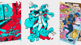 Three colorful comic pages designed by USC students