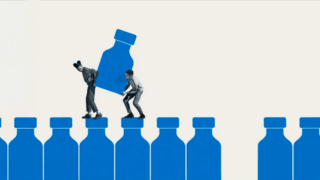 illustration of two grayscale individuals carrying blue bottles on a white background
