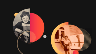 Photos of childhood friends separated by the Holocaust placed in circles on a black background