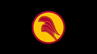 Cardinal and gold USC Trojan Knight crest on a black background
