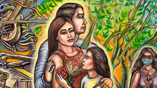 Colorful Folk art of people, nature and vaccines for underserved communities in Los Angeles