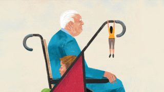 A small mother hanging from a red stroller with a child sitting in it and an older gentleman in blue passing by in a wheelchair