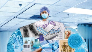 Abstract illustration of a healthcare worker during COVID-19, wearing a mask and dress full of healthcare images and PPE