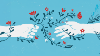 Illustration of two white hands reaching out to each other with a red flower interwoven between them on a light blue background