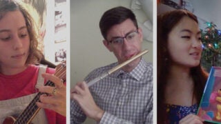 Chandler Lawn playing a ukelele, Marley Eder playing a flute and Shelby Wong reading a children's book