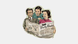 Illustration of three students crowded around a newspaper reading the Daily Bruin on a light gray background