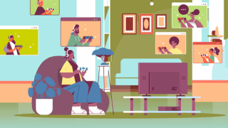 Colorful illustration of people streaming video games in a living room