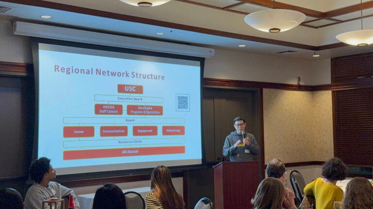 Wayne Liu EdD '25, currently a Trojan parent, speaks at the Mountain View/Silicon Valley event.