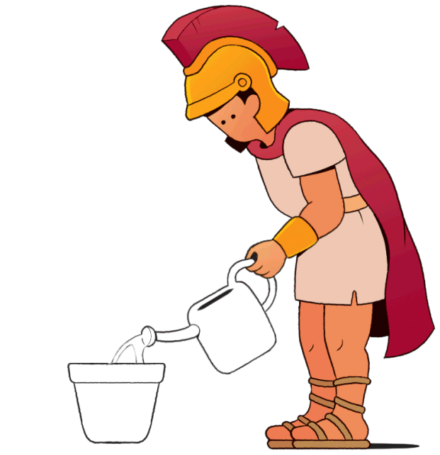 Animation of a trojan watering a black tree with gold leaves in a white pot as it grows upward, while wearing a gold helmet with a cardinal plume, a cardinal cape, gold arm guards and sandals, and tan clothing