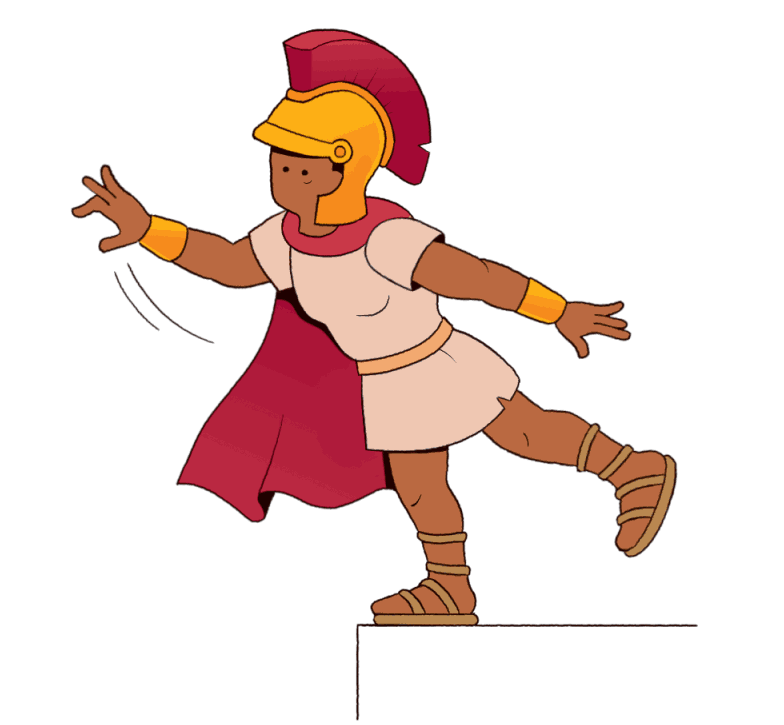 Animation of a trojan balancing on one foot on top of a white block, while wearing a gold helmet with a cardinal plume, a cardinal cape, gold arm guards and sandals, and tan clothing