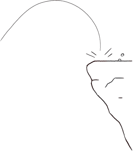 Illustration of a curved black line, a small white rock with a black stroke and a white cliff with a black stroke