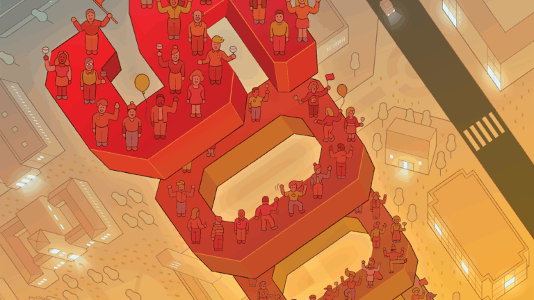 Illustration of people standing and celebrating on orange and yellow 500,000 numbers with a bird's eye view of a yellow and blue city and dark gray streets in the background