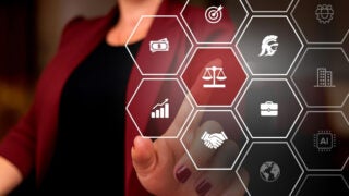 Illustration: Person in the background with various law- and USC_related icons