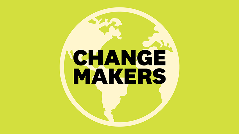 Illustration of black change makers text placed on a white Earth icon on a lime green background