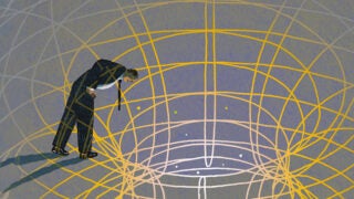 Illustration of man wearing a black suit and looking through a gray and yellow vortex.