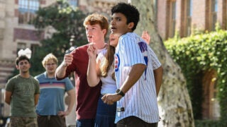 Members of the oldest improv group at USC, Comedus Interruptus, perform outside Bovard.(USC Photo/Caleb Griffin)