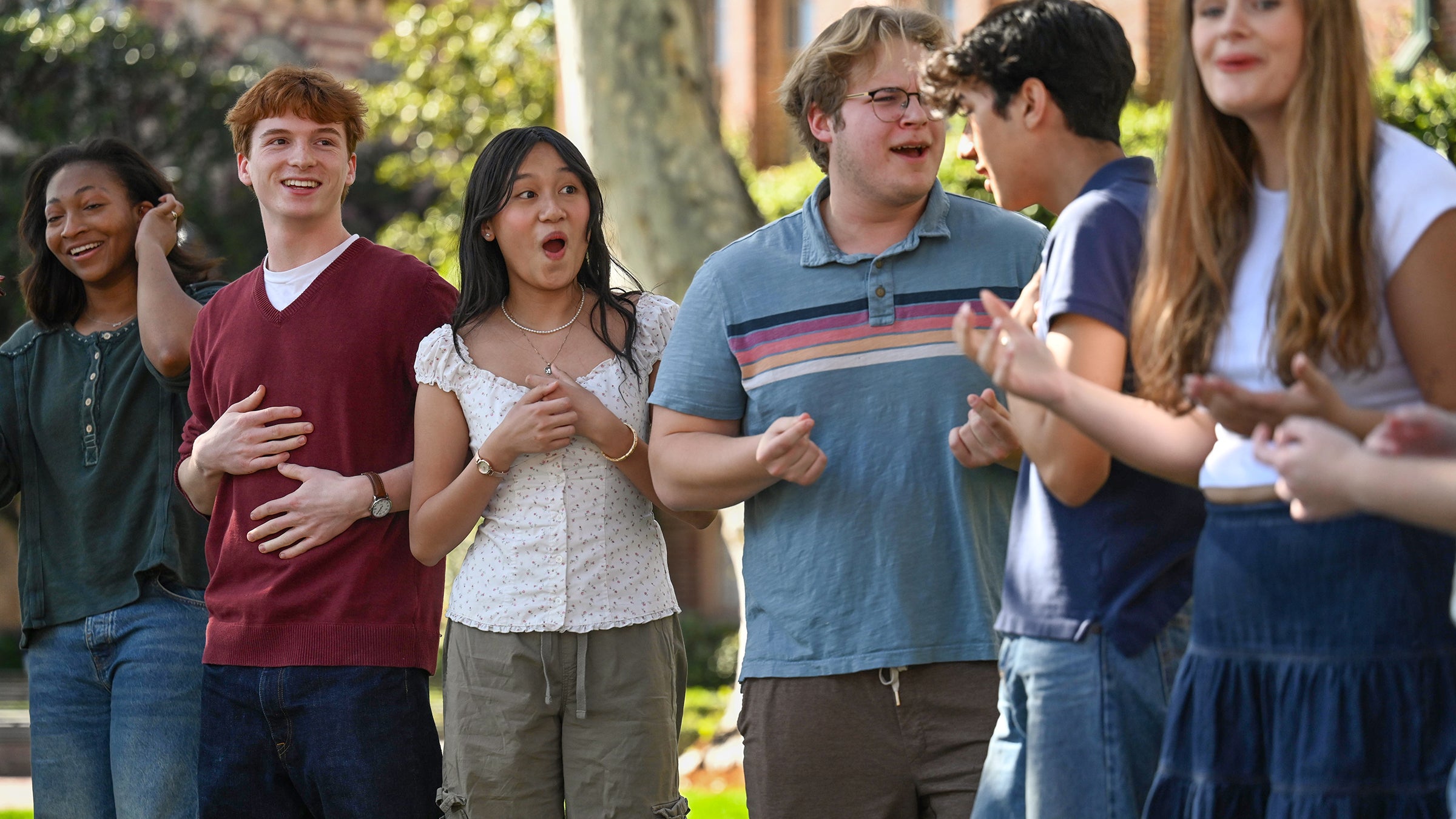 Members of the oldest improv group at USC, Comedus Interruptus, perform outside Bovard.(USC Photo/Caleb Griffin)