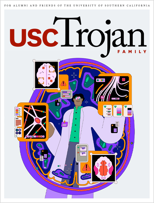Cover of Trojan Family Magazine: Colorful illustration of a character and a brain